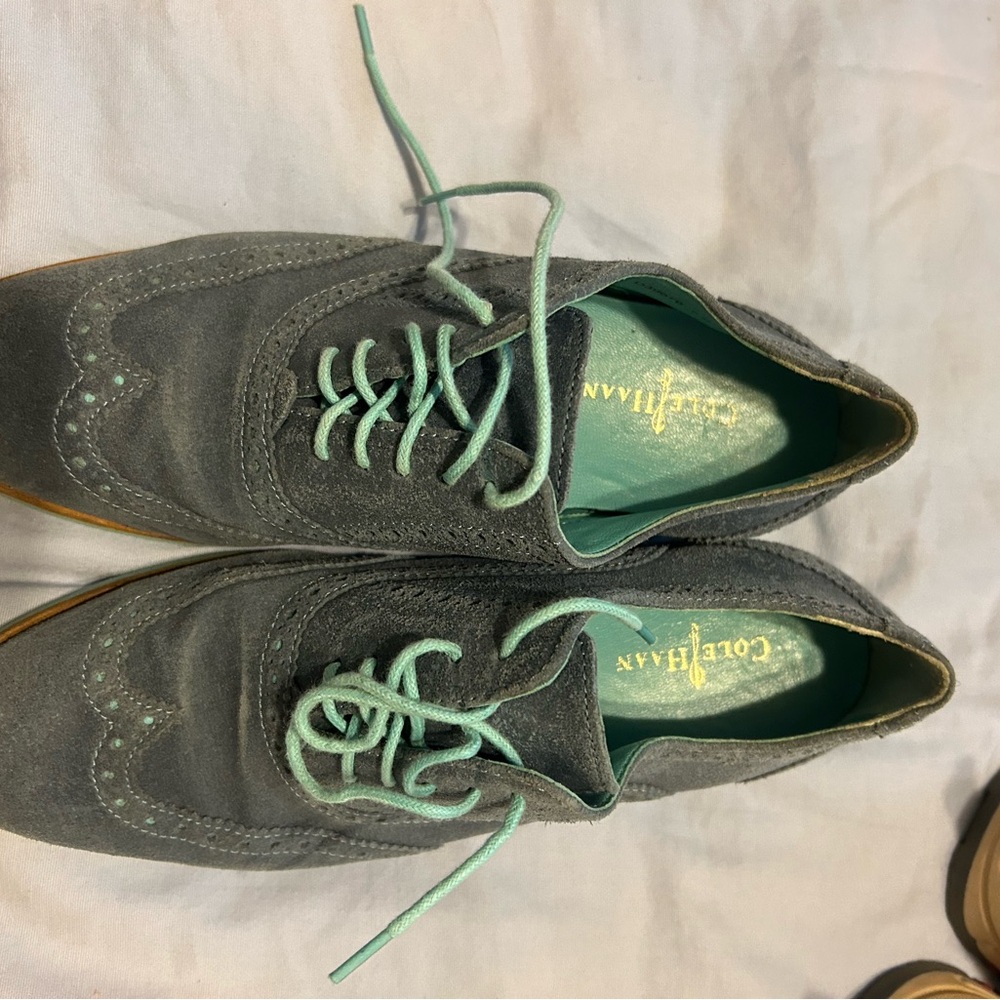 Cole Haan Gray Suede Oxfords with Teal Accents